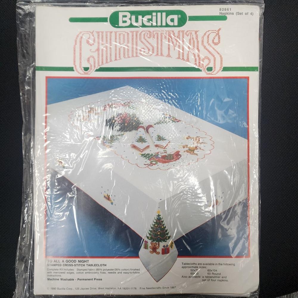 Vintage 90s Bucilla Christmas 4 Cross Stitch Napkins Kit NIP To All A Good Night